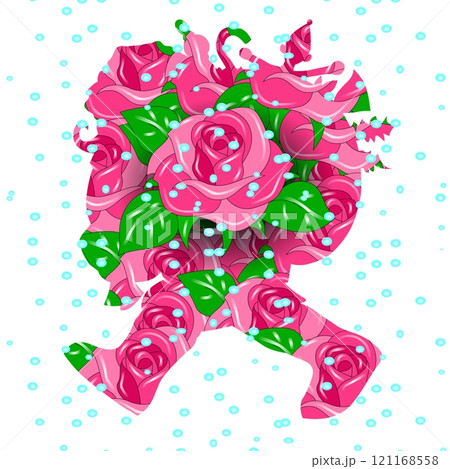 A vibrant collection of pink roses and green leaves forms an abstract skull and crossbones design. A vibrant collection of pink roses and green leaves forms an abstract skull and crossbones design. 121168558