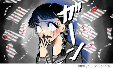 ゼロ点の答案用紙に絶望する昭和少女漫画風おさげ髪の女子高生と暗雲背景 ゼロ点の答案用紙に絶望する昭和少女漫画風おさげ髪の女子高生と暗雲背景 121168680