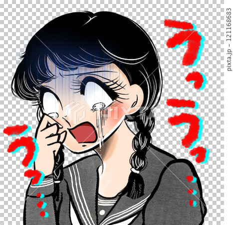 ショックで涙を流す昭和少女漫画風おさげ髪の女の子イラスト ショックで涙を流す昭和少女漫画風おさげ髪の女の子イラスト 121168683