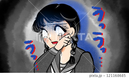 ショックで涙を流す昭和少女漫画風おさげ髪の女の子イラスト ショックで涙を流す昭和少女漫画風おさげ髪の女の子イラスト 121168685