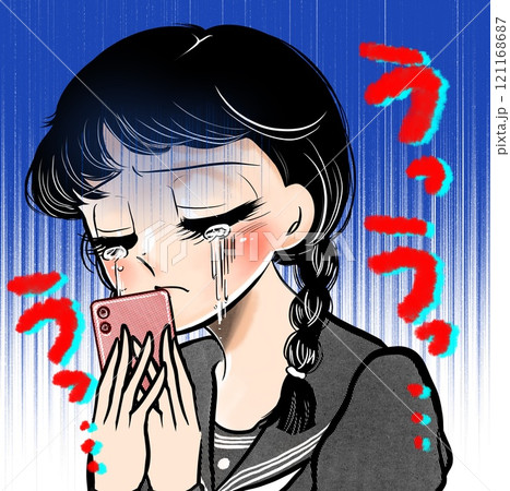 スマホを見て涙する昭和風少女漫画のおさげ髪女子高生 スマホを見て涙する昭和風少女漫画のおさげ髪女子高生 121168687