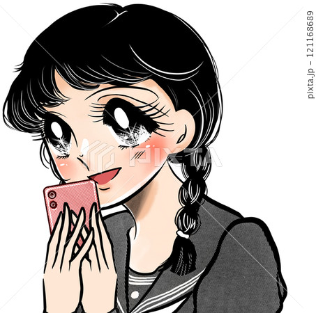 好きな人からスマホに返信が来て喜ぶ昭和レトロ少女漫画風女子高生のイラスト 121168689