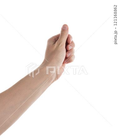 Young adult left man hand hold something isolated on white 121168862