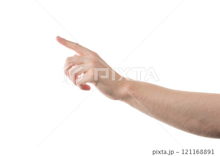 Young adult man hand touch or click something isolated on white Young adult man hand touch or click something isolated on white 121168891