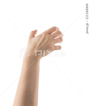 Young woman hand hold something isolated on white background 121168908