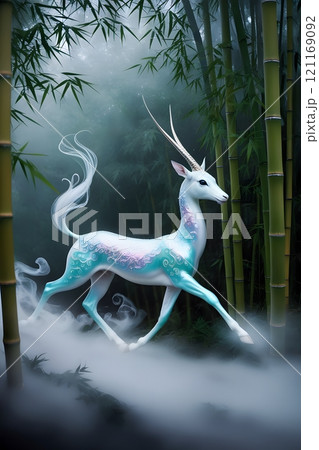A vibrant kirin walking gracefully through a misty bamboo forest, its body glowing faintly, elegant fantasy art 121169092