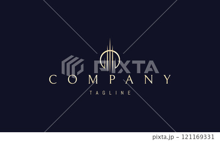 Vector golden logo with an abstract image of a tall tower against the backdrop of the sun. Vector golden logo with an abstract image of a tall tower against the backdrop of the sun. 121169331