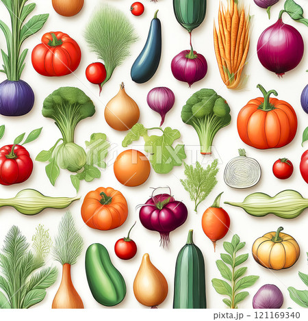 繰り返しシームレスでいろいろな種類の野菜のイラスト素材 繰り返しシームレスでいろいろな種類の野菜のイラスト素材 121169340