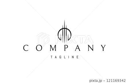 Vector logo with an abstract image of a tall tower against the backdrop of the sun. Vector logo with an abstract image of a tall tower against the backdrop of the sun. 121169342