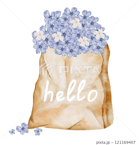 Flowers in a paper bag watercolor. Hand drawn bouquet of hydrangea in craft packaging. Clip art botanical. Ideal for posters in a flower shop and cards for Women's Day and Mother's Day 121169407