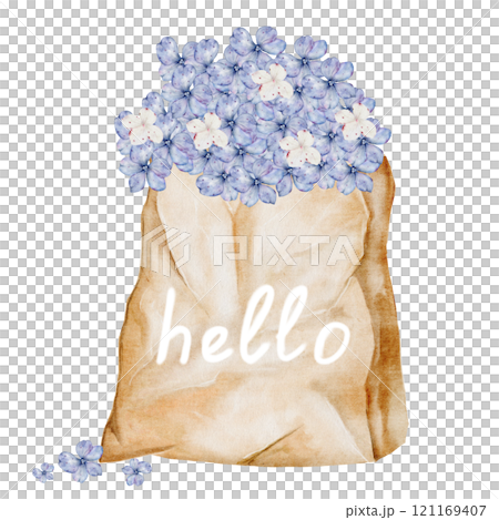 Flowers in a paper bag watercolor. Hand drawn bouquet of hydrangea in craft packaging. Clip art botanical. Ideal for posters in a flower shop and cards for Women's Day and Mother's Day 121169407