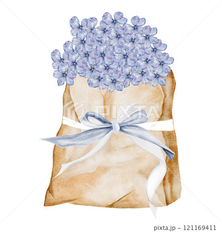 Watercolor bouquet of hydrangea in craft packaging. Flowers in a paper bag. Clip art botanical. Ideal for posters in a flower shop and cards for Women's Day and Mother's Day 121169411