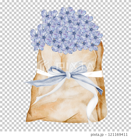 Watercolor bouquet of hydrangea in craft packaging. Flowers in a paper bag. Clip art botanical. Ideal for posters in a flower shop and cards for Women's Day and Mother's Day Watercolor bouquet of hydrangea in craft packaging. Flowers in a paper bag. Clip art botanical. Ideal for posters in a flower shop and cards for Women's Day and Mother's Day 121169411
