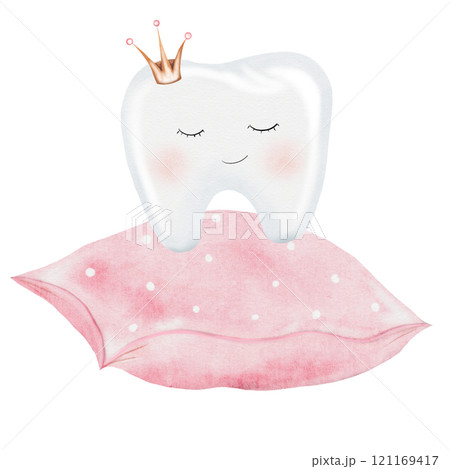Baby tooth watercolor. Cute cartoon molar with crown on the pillow on isolated white background. Dental clip art. Ideal for cards and invitations to the party baby's first tooth, kawaii posters in the 121169417