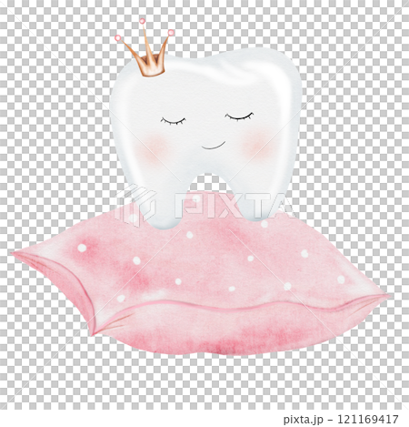 Baby tooth watercolor. Cute cartoon molar with crown on the pillow on isolated white background. Dental clip art. Ideal for cards and invitations to the party baby's first tooth, kawaii posters in the Baby tooth watercolor. Cute cartoon molar with crown on the pillow on isolated white background. Dental clip art. Ideal for cards and invitations to the party baby's first tooth, kawaii posters in the 121169417