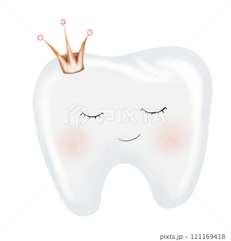 Baby tooth watercolor. Cute cartoon molar with crown on isolated white background. Dental clip art. Ideal for cards and invitations to the party baby's first tooth, posters in the doctor's office Baby tooth watercolor. Cute cartoon molar with crown on isolated white background. Dental clip art. Ideal for cards and invitations to the party baby's first tooth, posters in the doctor's office 121169418