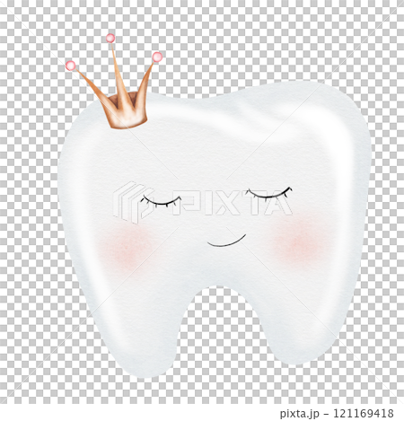 Baby tooth watercolor. Cute cartoon molar with crown on isolated white background. Dental clip art. Ideal for cards and invitations to the party baby's first tooth, posters in the doctor's office Baby tooth watercolor. Cute cartoon molar with crown on isolated white background. Dental clip art. Ideal for cards and invitations to the party baby's first tooth, posters in the doctor's office 121169418