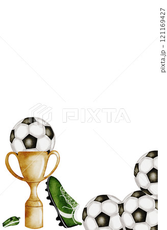 Football watercolor card. Hand drawn composition of a trophy cup, football and sports boot. Clip art of championship equipment on isolated white background. Ideal for posters, flyers and game posters Football watercolor card. Hand drawn composition of a trophy cup, football and sports boot. Clip art of championship equipment on isolated white background. Ideal for posters, flyers and game posters 121169427