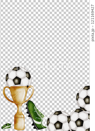 Football watercolor card. Hand drawn composition of a trophy cup, football and sports boot. Clip art of championship equipment on isolated white background. Ideal for posters, flyers and game posters Football watercolor card. Hand drawn composition of a trophy cup, football and sports boot. Clip art of championship equipment on isolated white background. Ideal for posters, flyers and game posters 121169427