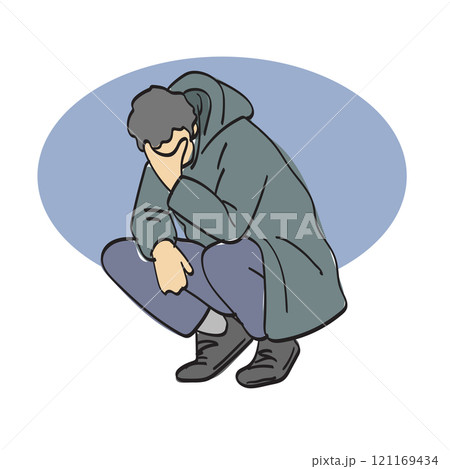 Man holding his head in distress illustration vector hand drawn isolated on white background 121169434