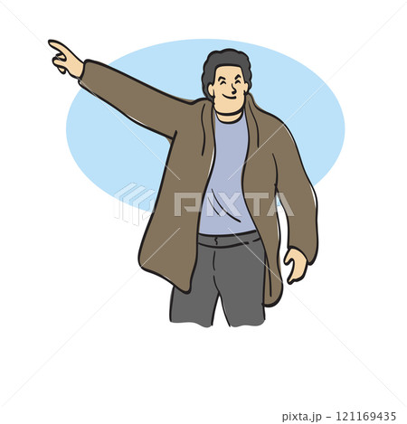 man in brown coat pointing on blank space illustration vector hand drawn isolated on white background 121169435