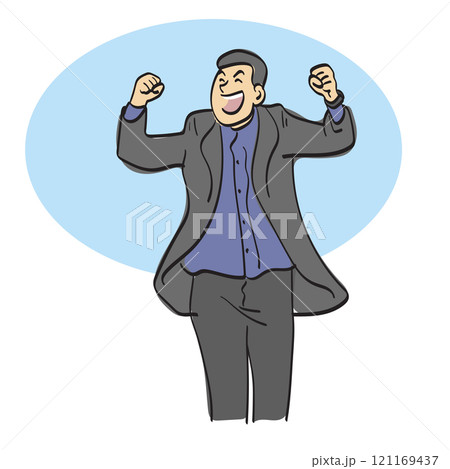Happy businessman raising hands in fists with happiness and success illustration vector hand drawn isolated on white background Happy businessman raising hands in fists with happiness and success illustration vector hand drawn isolated on white background 121169437