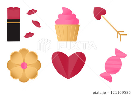 Set of elements with romantic symbols - lipstick with kisses, cupcake, flower, heart, arrow, candy. Illustrations on the theme of Valentine's Day, birthday. Vector illustration. Set of elements with romantic symbols - lipstick with kisses, cupcake, flower, heart, arrow, candy. Illustrations on the theme of Valentine's Day, birthday. Vector illustration. 121169586