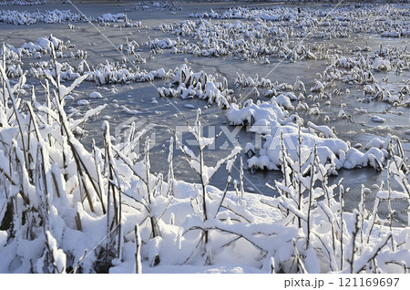 a wintry landscape of frozen marshland or a water body a wintry landscape of frozen marshland or a water body 121169697