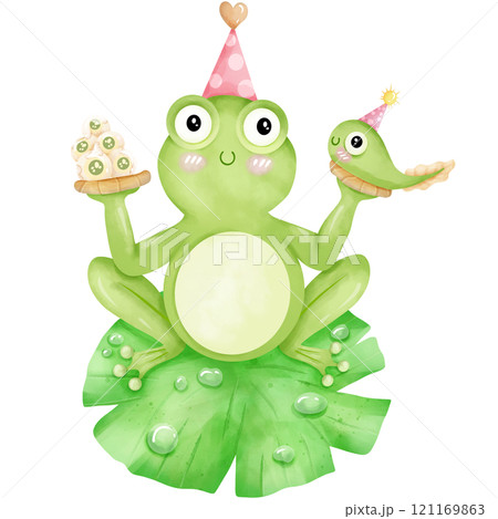 Cartoon frog on birthday party, hand drawn watercolor 121169863