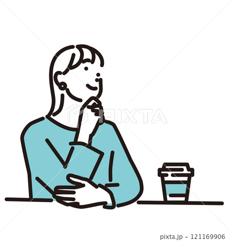 シンプル イラスト カフェで休憩する笑顔の女性 シンプル イラスト カフェで休憩する笑顔の女性 121169906