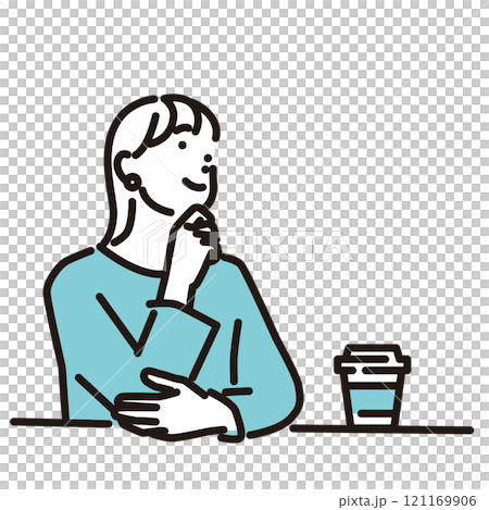 シンプル イラスト カフェで休憩する笑顔の女性 シンプル イラスト カフェで休憩する笑顔の女性 121169906