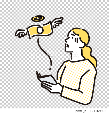 Simple illustration: A woman sad about her money flying away 121169908