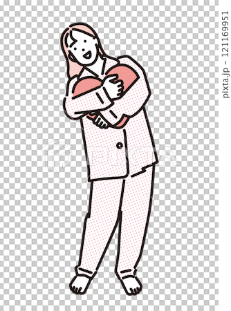 Simple illustration: A young woman in pajamas hugging a heart-shaped cushion Simple illustration: A young woman in pajamas hugging a heart-shaped cushion 121169951