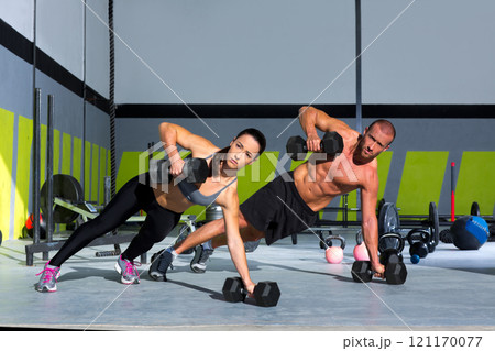 Gym man and woman push-up strength pushup Gym man and woman push-up strength pushup 121170077