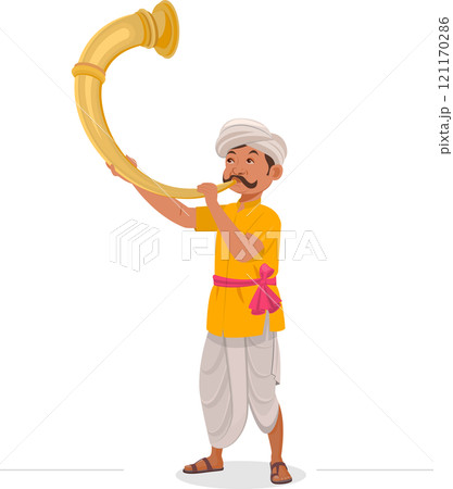 Indian man folk musician playing tutari instrument, man playing sringa or shahnai 121170286