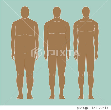 肥満から筋肉質の体型へ変化、ビフォーアフターの男性。 正面から見た男性のイラスト 肥満から筋肉質の体型へ変化、ビフォーアフターの男性。 正面から見た男性のイラスト 121170313