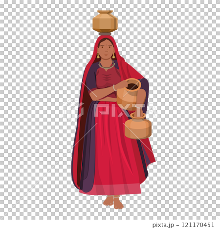 Indian Gujarat village woman carrying water pot, Indian village woman carrying water 121170451