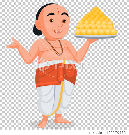 Indian man brahmin chef in traditional clothing, Indian pandit is holding a sweets plate in his hands. Indian man brahmin chef in traditional clothing, Indian pandit is holding a sweets plate in his hands. 121170453