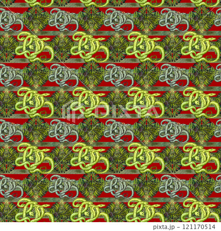 Background with lunar new year 2025 symbol wooden green snake. Seamless pattern with illustration of snakes on a red background. Watercolor template for packaging, wrapper, web page, scrapbooking 121170514