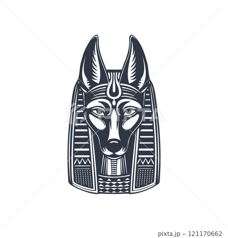 Ancient Egyptian god Anubis. Deity with a dog's head. God of death. Monochrome illustration. Ancient Egyptian god Anubis. Deity with a dog's head. God of death. Monochrome illustration. 121170662