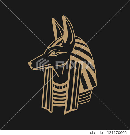 Ancient Egyptian god Anubis. Deity with a dog's head. God of death. Monochrome illustration. Ancient Egyptian god Anubis. Deity with a dog's head. God of death. Monochrome illustration. 121170663