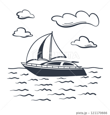 Yacht in the sea. Outline illustration on a white background. Monochrome illustration. Sketch 121170666