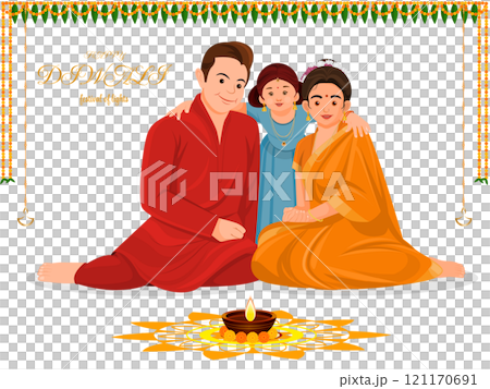 Indian family celebrating diwali festiwal, Indian festival of lights Happy Diwali with happy family, Diwali celebration greeting card, 121170691