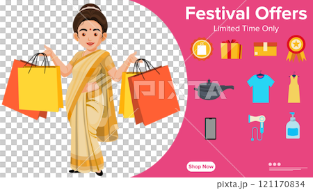 Festive offer Indian woman holding shoping bag, Banner design of limited time only festival offers Festive offer Indian woman holding shoping bag, Banner design of limited time only festival offers 121170834