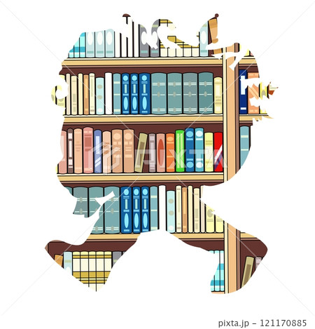 A silhouette filled with the image of neatly arranged books on shelves creates a striking visual. 121170885