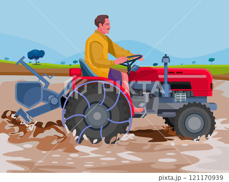 Farmer working man driving tractor, agricultural machinery on field, countryside and rural area, harvesting and cultivation 121170939