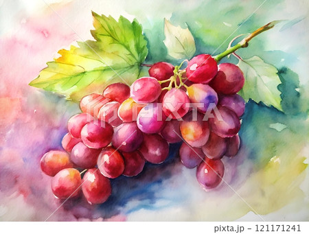 Hand-painted vibrant grapes with realistic green foliage 121171241