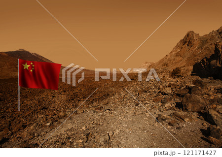Chinese flag on red planet landscape. Scenic desert background. Chinese space program concept Chinese flag on red planet landscape. Scenic desert background. Chinese space program concept 121171427