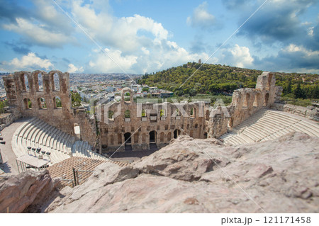 Ancient theater on sunny day in Acropolis, Greece, Athens. Archaeology ruin architecture 121171458