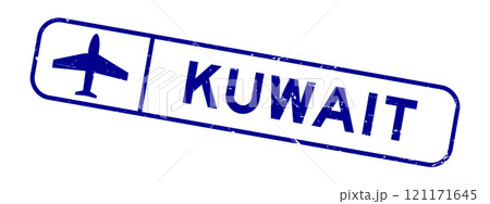 Grunge blue kuwait word with plane icon square rubber seal stamp on white background 121171645